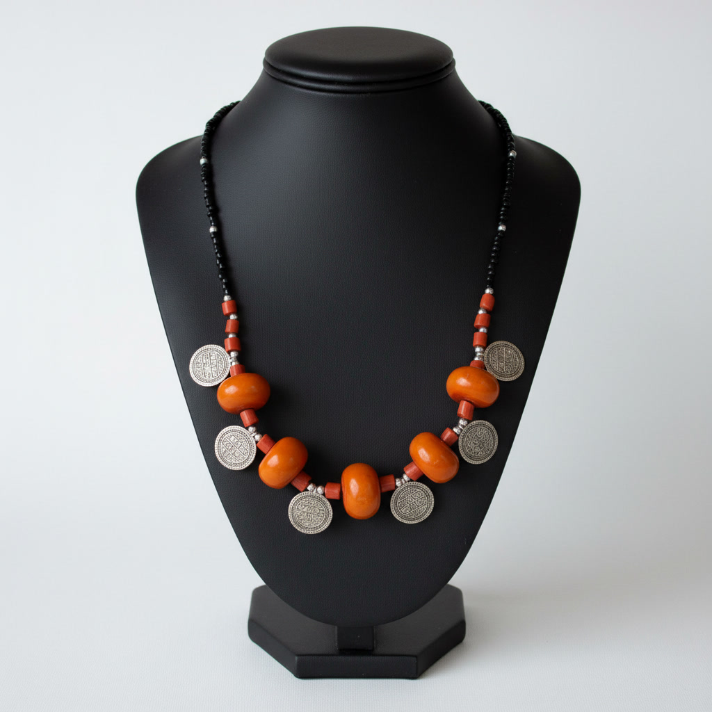 Collier aux perles orange et médailles argentées
