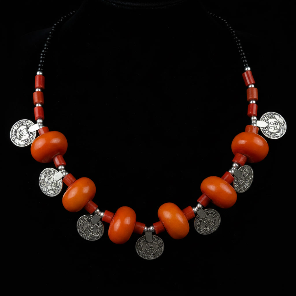 Collier composé de perles corail et de médaillons